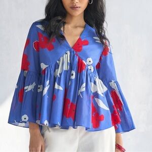 Nicobar Elegant Blue Ruffle Floral V-Neck Blouse Size Small